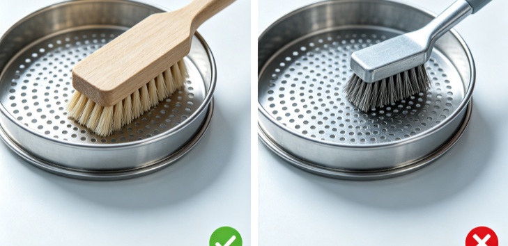 wrong tool wire brush damage test sieve mesh warning