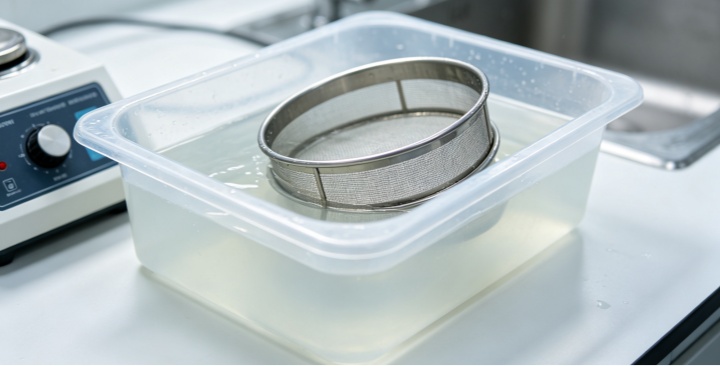 test sieve immersed in neutral cleaning solution