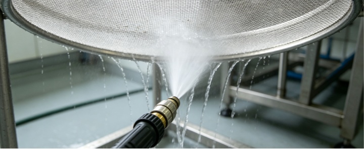 reverse flushing stainless steel test sieve from underside
