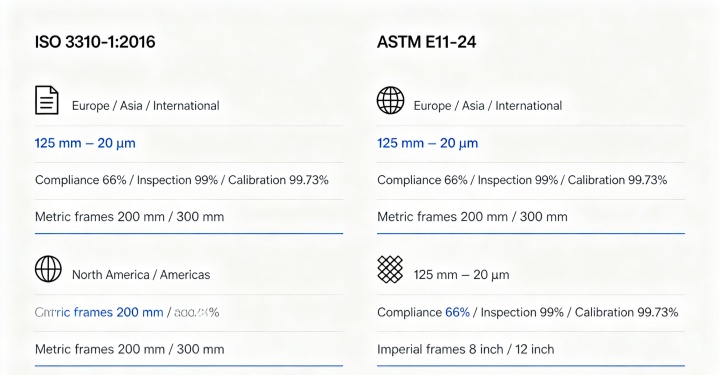 ISO 3310‑1:2016 and ASTM E11‑24 standard revision overview infographic