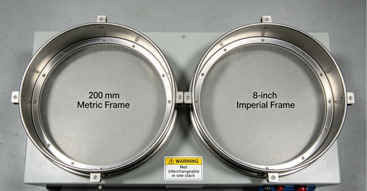 Metric 200mm ISO sieve frame vs imperial 8‑inch ASTM sieve frame size incompatibility
