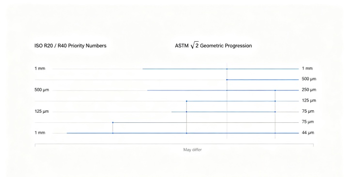 ISO R20 R40 aperture series vs ASTM fourth‑root‑of‑2 progression diagram