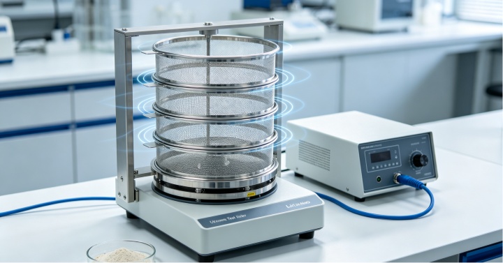 Ultrasonic test sieve system eliminate mesh blinding for ultra‑fine powder particle size analysis