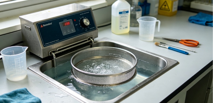 ultrasonic bath cleaning for contaminated test sieve frame