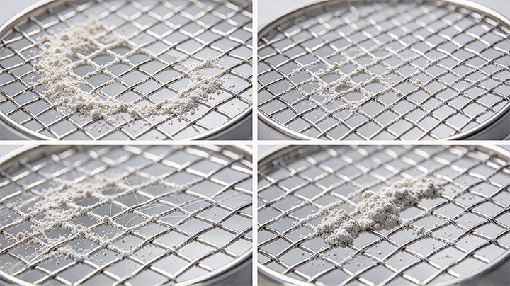 Fine powder causing mesh blinding, electrostatic adhesion, and agglomeration on an ultrasonic test sieve.
