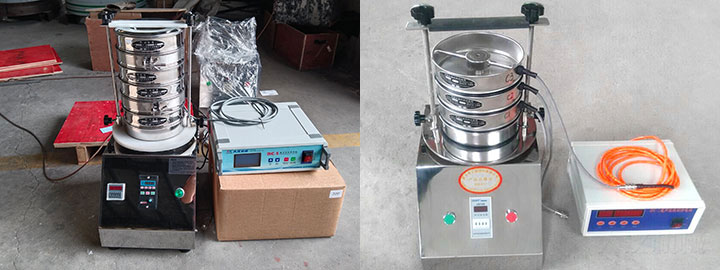 Two ultrasonic test sieve shaker configurations with different sieve stack layers and ultrasonic power supplies for particle size analysis.