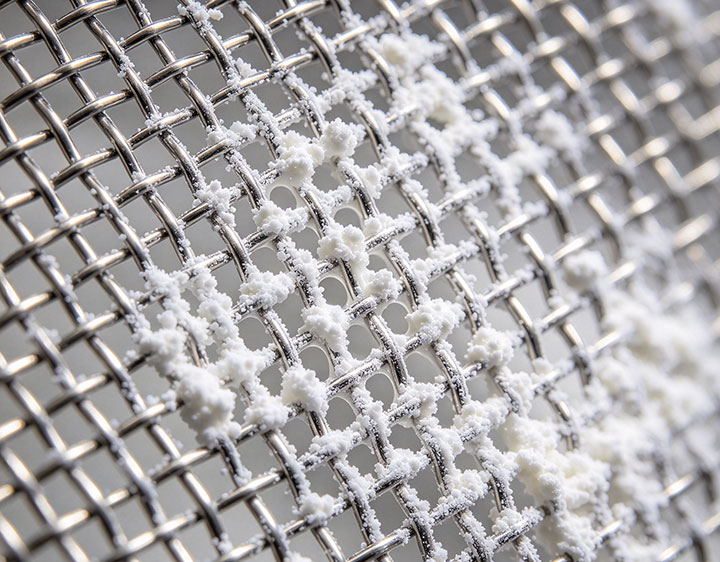 Macro shot of fine white powder agglomerates adhering to a stainless steel test sieve mesh, causing mesh blinding and blocking the openings.