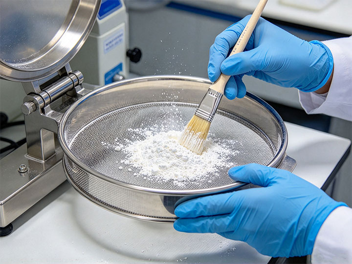 A scientist wearing blue gloves manually brushing fine powder from a blinded standard test sieve, a sign that frequent cleaning is needed.