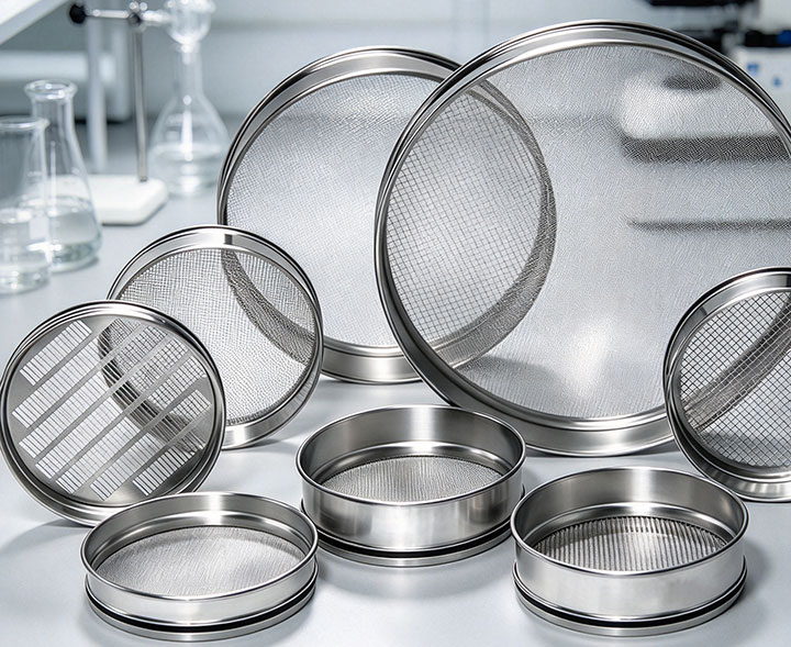 Stainless steel test sieves in various sizes on a lab bench for electroformed test sieve cost comparison.