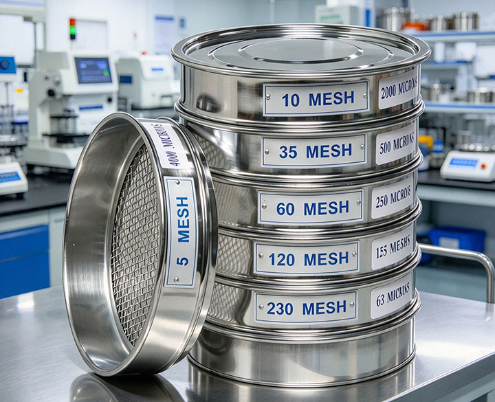 Stacked stainless steel test sieves with mesh and micron labels in a lab, illustrating electroformed test sieve price factors.