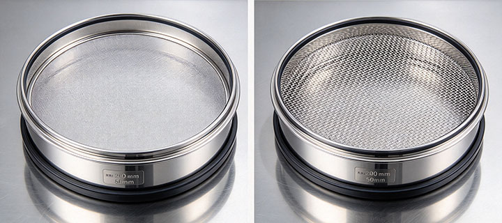 Side-by-side comparison of an electroformed test sieve and a woven wire test sieve, showing the difference in mesh construction.